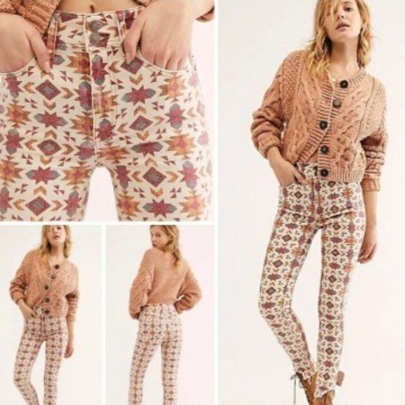 Free People Wild Child We The Free Womens Skinny Jeans Aztec Print Boho Sz 27 - Picture 7 of 9